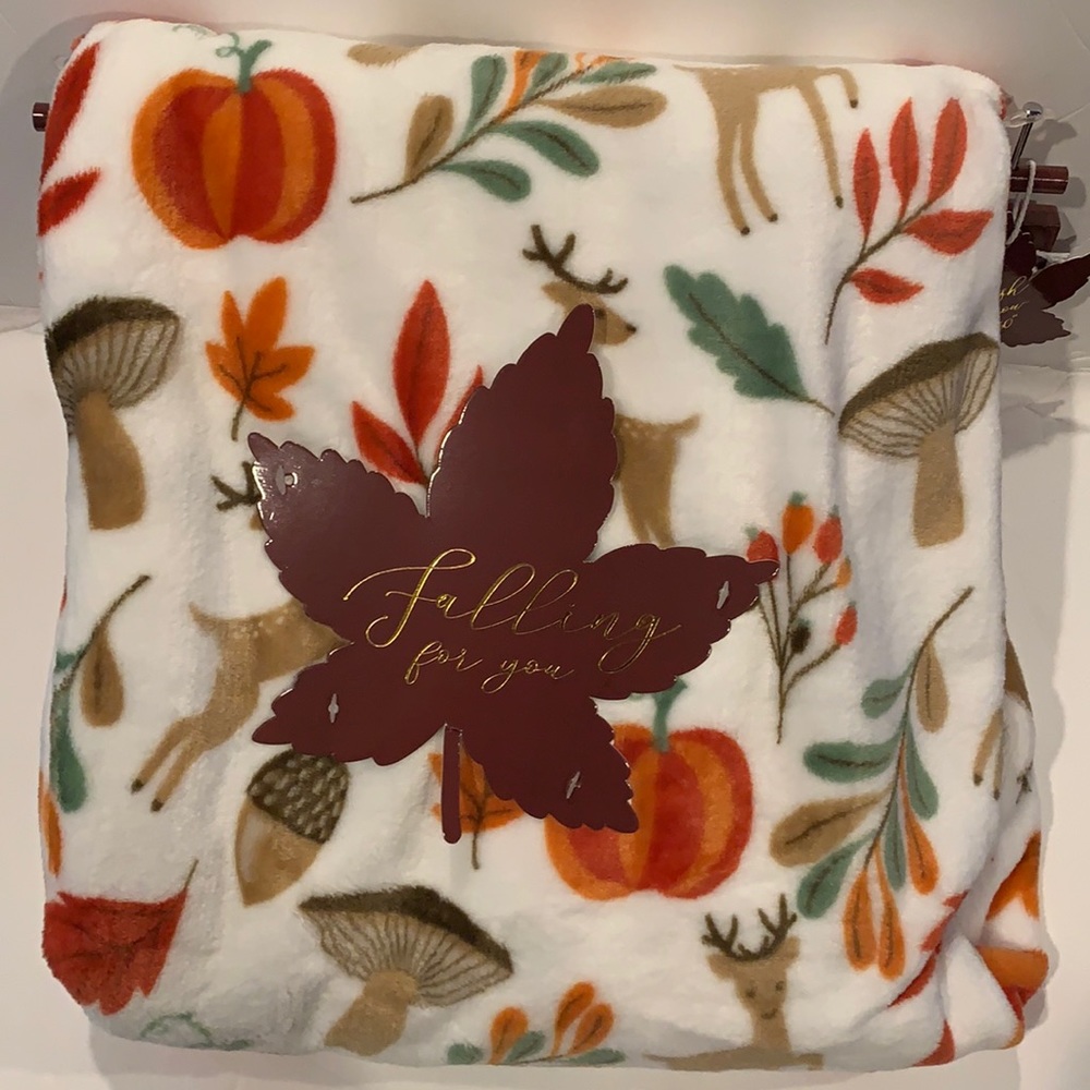 Fall Themed Throw W/Cute Print. Pumpkins, Leaves, Acorns, Mushrooms & Deer.